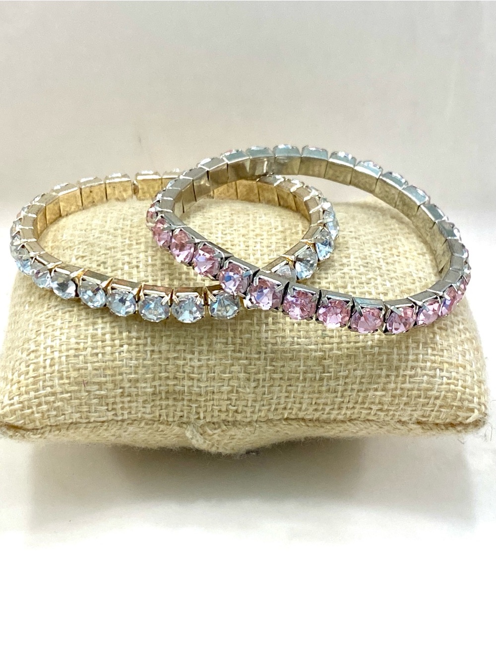 Retro Pastel Pink & Icy Crystal Rhinestone Stretch Tennis Bracelet Set